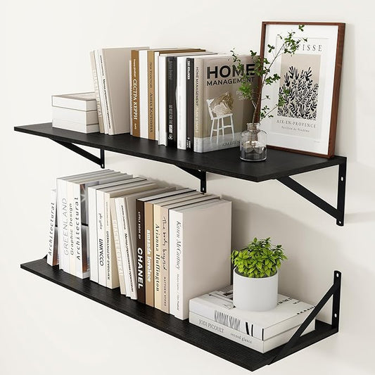 Heimlove Black Deep Floating Shelves for Wall, 36W x 12D Wood Wall Shelves Set of 2, Wide Floating Bookshelf for Living Room, Kitchen, Office, Bedroom and Decor Storage, with Metal Bracket - Black