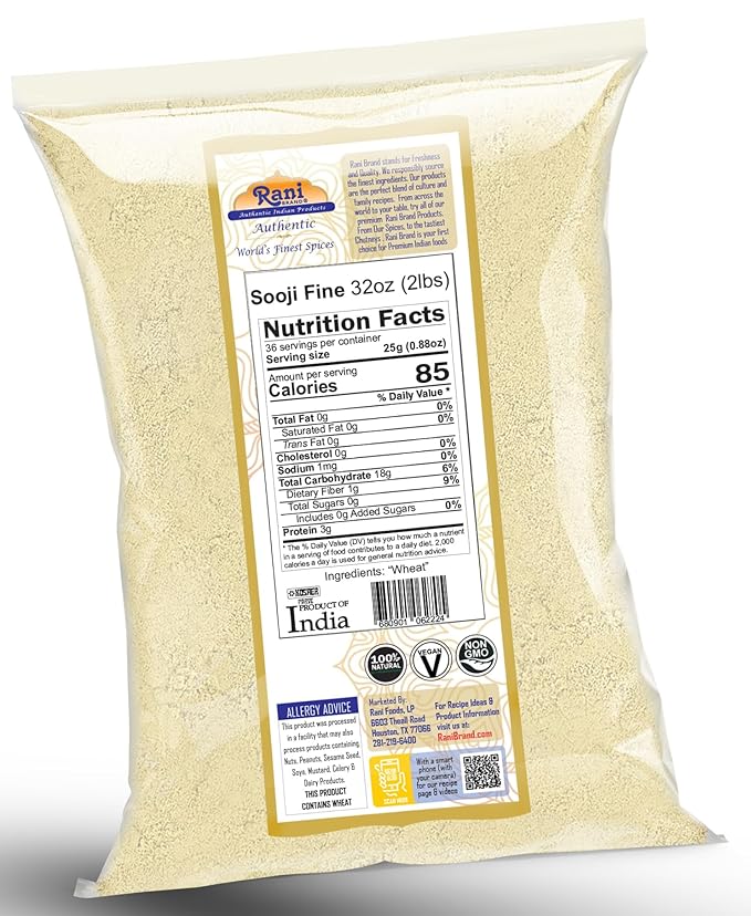 Rani Sooji Fine (Farina, Suji, Rava, Wheat) Flour 32oz (2lbs) 908g ~ All Natural | Vegan | NON-GMO | Kosher | Indian Origin
