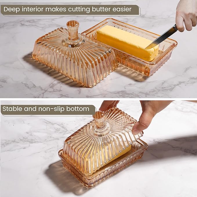 Wide Glass Butter Dish with Cover for Countertop Vintage Crystal Butter Holder for Counter Covered Glass Butter Keeper Butter Holder for Refrigerator,Butter Tray with Two Stick 4oz Butter