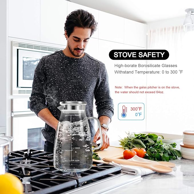 Aofmee Glass Pitcher, 68oz Water Pitcher with Lid and Precise Scale Line, 18/8 Stainless Steel Iced Tea Carafe, Easy Clean Heat Resistant Borosilicate Jug for Juice, Milk, Cold or Hot Beverages