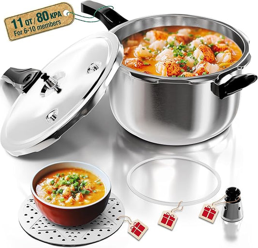 WantJoin Stainless Steel Pressure Cooker(Non-Aluminum),11 Quart Induction Compatible Pressure Cooker with Spring Valve Safeguard Devices,Compatible with Gas & Induction Cooker