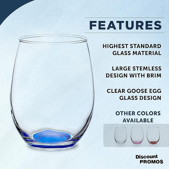DISCOUNT PROMOS Stemless Wine Glasses in Bulk by ARC Perfection, 15 oz -10 pack, Red or White Wine Glass Drinking Set, Blue