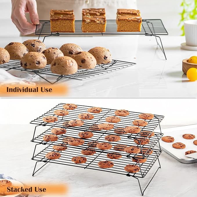 3-Tier Cooling Racks for Cooking and Baking - 13" x 9.6" Stackable Heavy Duty Stainless Steel Wire Rack for Baking, Grilling, Roasting - Oven & Dishwasher Safe - Black