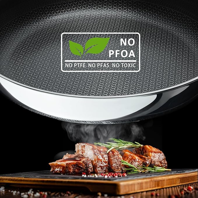 11" Non Stick Frying Pans, Hybrid Ceramic Stainless Steel Pan, Skillet with Stay-Cool Handle, Non Toxic, PFAS PFOA PTFE Free, Dishwasher & Oven Safe, Induction, Compatible with All Cooktops