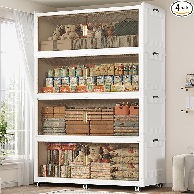 320 Gallon Extra Large Collapsible Storage Bin with Lid, 1280QT Stackable Plastic Organizer with 6x Wheels, Foldable Drawer Cabinet for Closet, Living Room Office Dorm 4Pack, White