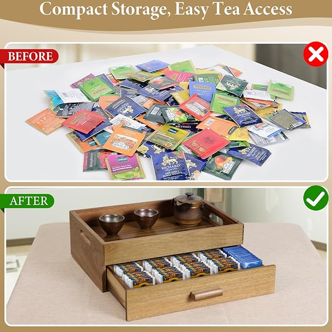 ANMINY Acacia Wood Tea Bag Organizer, Extra Large Tea Storage Box with 13 Compartments, 10MM Thick Wooden Teabag Holder Drawer Box, Tea Caddy Station Chest Containers for Countertop