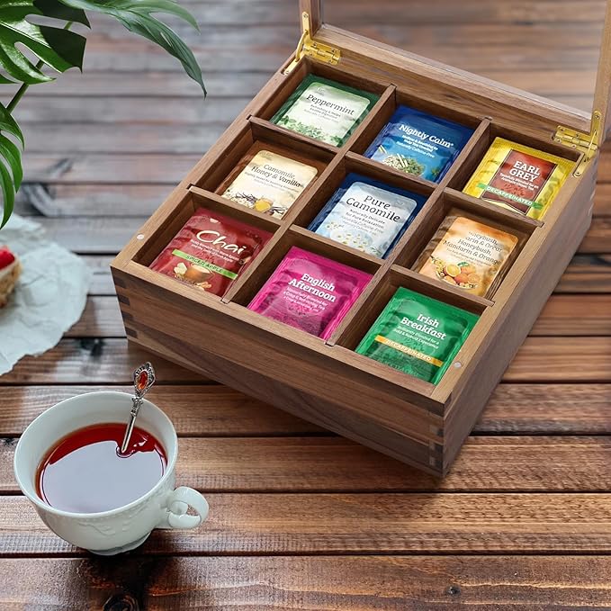 ANMINY Acacia Wood Tea Bag Organizer with Acrylic Clear Top, 10MM Thick Wooden Tea Storage Box with 9 Compartments, Teabag Holder Tea Caddy Chest for Countertop Kitchen Home Office