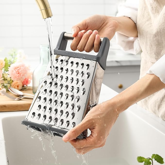 Spring Chef Professional Cheese Grater - Stainless Steel Box Grater for Kitchen, XL Size, 4 Sides - Perfect Shredder for Parmesan Cheese, Carrot, Potato, Ginger - Dishwasher Safe - Gray