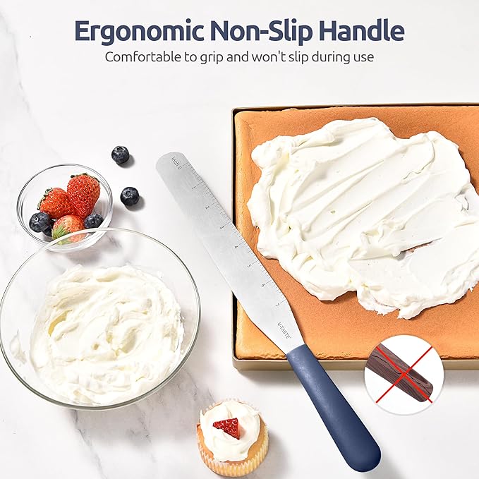 U-Taste Cake Icing Spatulas Set: Straight Decorating Frosting Knife with 6", 8", 10" Flat Thinner Stainless Steel Blade, Flexible Smoothing Spreading Tools with Comfortable PP Handle (Midnight Blue)