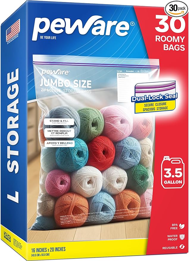 Large Storage Bags, 16"x20" Jumbo Plastic Bag, BPA Free, 3.5 Gallon XL Zipper Lock Baggies for Clothes Pillow Travel Moving - 30 Roomy Bags