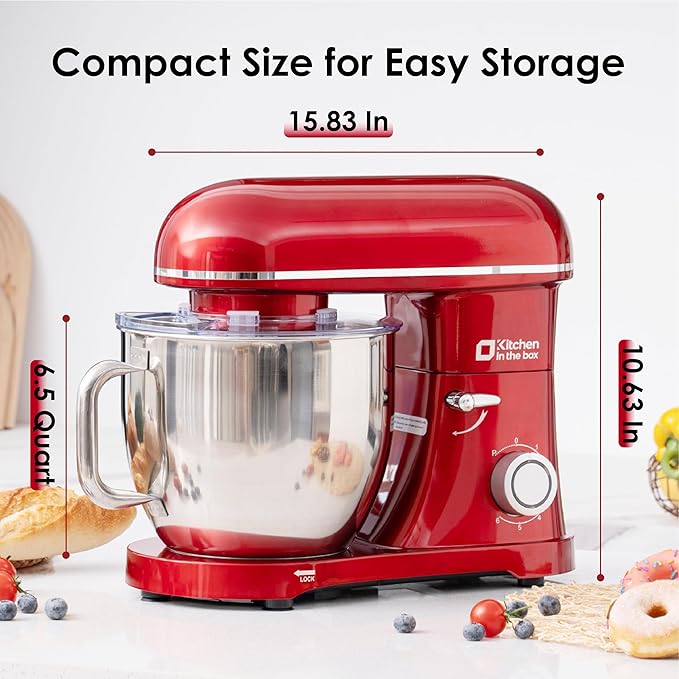 Kitchen in the box Stand Mixer - 6.5 Quart Mixing Bowl, 900 Watt Powful Bread Bread Dough Mixers Tilt-head with Dough Hook, Whisk, Flat Beater and Splash Guard (Red)