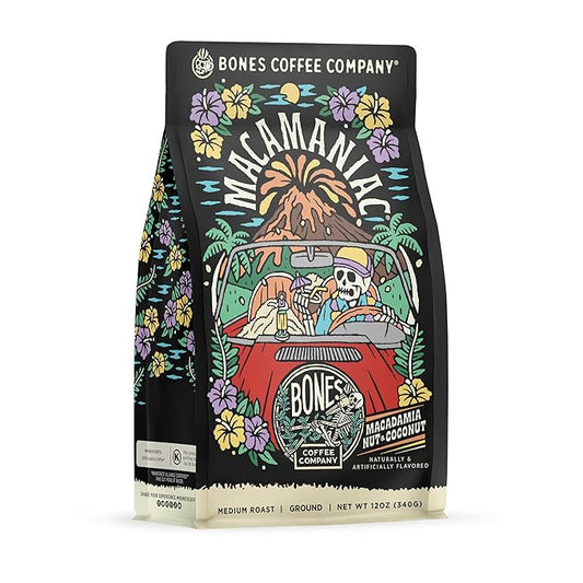 Bones Coffee Company Macamaniac, Macadamia and Coconut Flavored Coffee, Medium Roast Low Acid Arabica Beans Compatible with Auto drip and French Press Coffee Maker, 12 Oz Ground