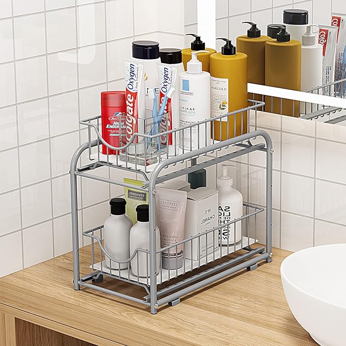 AIYAKA under sink storage 2 Tier Stackable Sliding Basket Organizer Drawer For Kitchen And Bathroom/Cabinet Drawers,silver