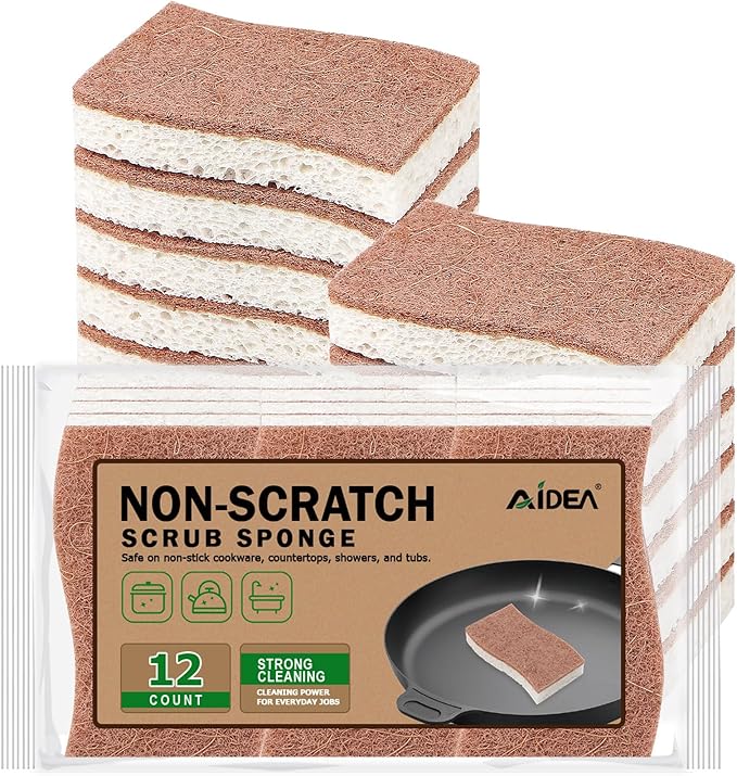 AIDEA Sponges Non Scratch, 12Count, Natural Sponge for Non Stick Cookware, Sponges Kitchen, Cellulose Scrub Sponge for Dishes, Cleaning Power for Kitchen, Bathroom, Household