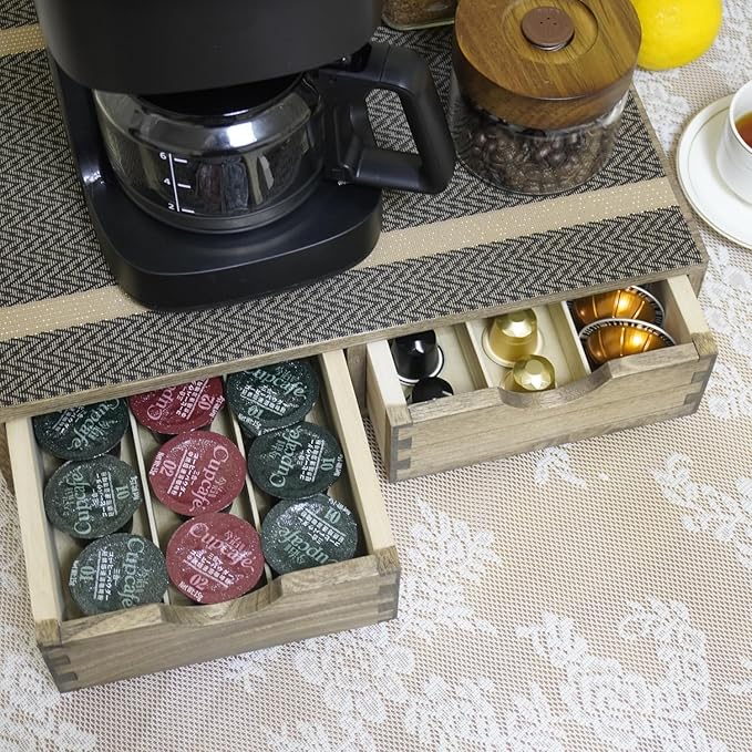 Coffee Pods Storage Drawer Holder for Capsules - Multi Functional Desk Organizer Drawers For K-Cup Coffee Maker Brew - Kitchen Mini Wooden Box Chest Sideboard Counter Organization CF1D2C Dark