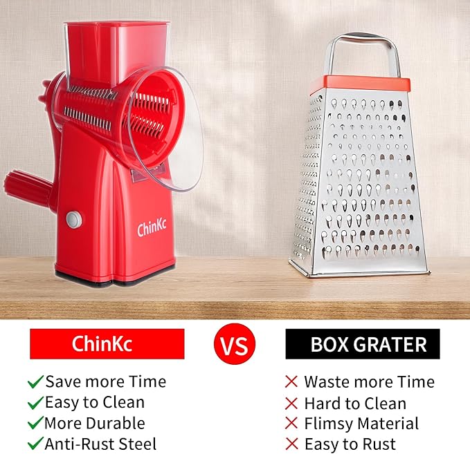 Rotary Cheese Grater Shredder - Upgraded 5 in 1 Cheese Grater with Handle and Strong Suction Base, Multi-purpose Julienne Slicer Ice Shaver Nuts Grinder for Ice, Vegetables, Fruit, Nuts