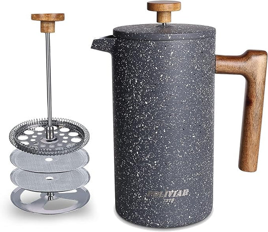 POLIVIAR French Press Coffee Maker, 34 Ounce Coffee Press with Real Wood Handle, Double Wall Insulation & Dual-Filter Screen, Food Grade Stainless Steel for Good Coffee and Tea (Lava)
