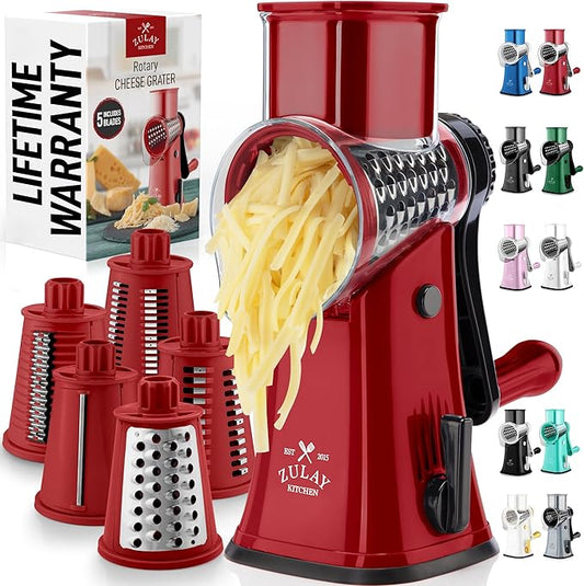 Zulay Kitchen Rotary Cheese Grater 5 Blade Cheese Shredder - Manual Hand Crank Cheese Grater With Reinforced Suction & 5 Interchangeable Drums - Easy to Use, Vegetable Chopper Round Mandoline Slicer