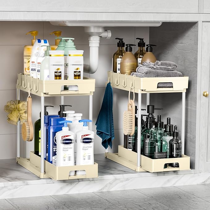 Delamu Under Sink Organizers and Storage, 2 Pack Pull Out Kitchen Bathroom Cabinet Organizer, 2 Tier Beige Under Sink Storage for Bathroom Kitchen