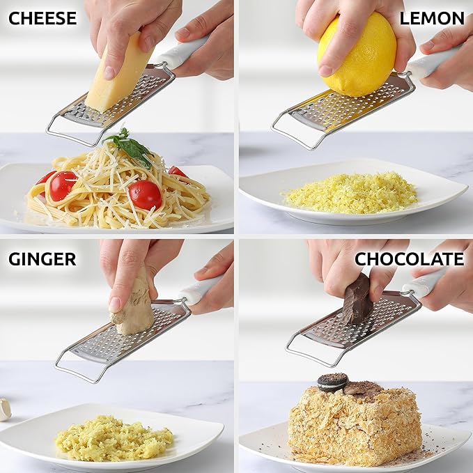 Zulay Kitchen Professional Cheese Grater Stainless Steel - Durable Rust-Proof Metal Lemon Zester Grater With Handle - Flat Handheld Grater For Cheese, Chocolate, Spices, And More - White