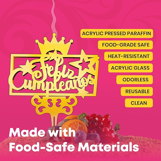 Feliz Cumpleanos Reusable Gold Romantic Cake Candle - Luxury Cake Topper Candle for Birthdays, Weddings & Anniversaries - Reusable Food Safe Acrylic, Shiny Mirror Finish - Happy Birthday Cake Topper