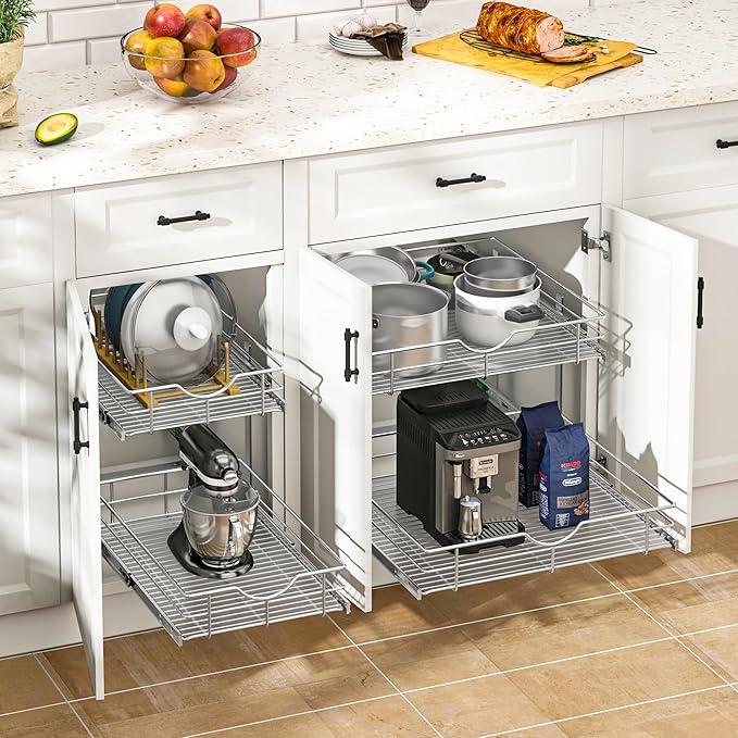 WelFurGeer 2-Tier Stainless Steel Pull Out Cabinet Organizer, Soft Close Damping Slides, Heavy Duty Chrome Plated Wire Basket with Shelf Liner, Perfect for Kitchen Cabinets, Pantry Storage, Under Sink