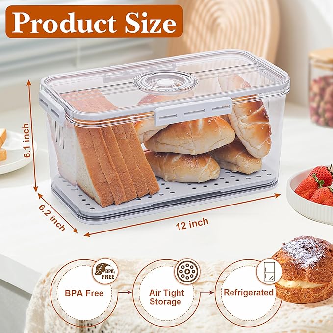 Bread Box for Homemade Bread Boxes for Kitchen Counter Airtight, Time Recording Bread Storage Container with Lid, Bread Containers Storage Airtight Loaf Bread Keeper, White