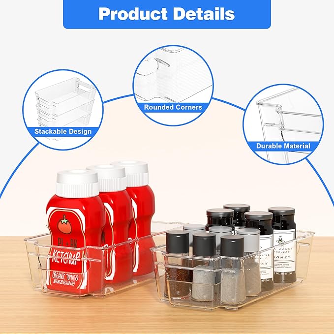 4 Pack Clear Refrigerator Storage Bins, Stackable Plastic Fridge Organizer Kitchen Pantry Storage Bins with Handles for Snacks, Freezer, Kitchen Cupboard, and Cabinet Organization
