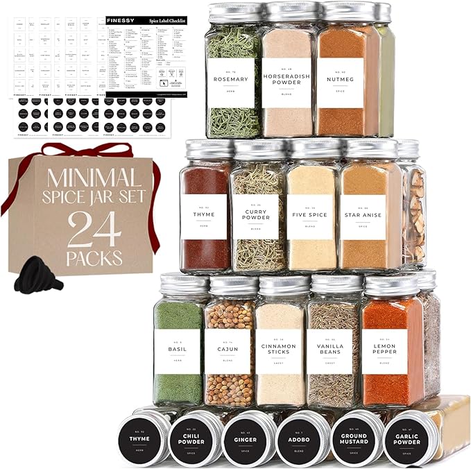 Glass Spice Jars with Labels with Metal Lids and Shakers Minimalist 24 Pack Set, 4oz Small Clear Empty Spice Bottles Seasoning Containers with Label Organizer Square Herb Seasoning Jars for Kitchen