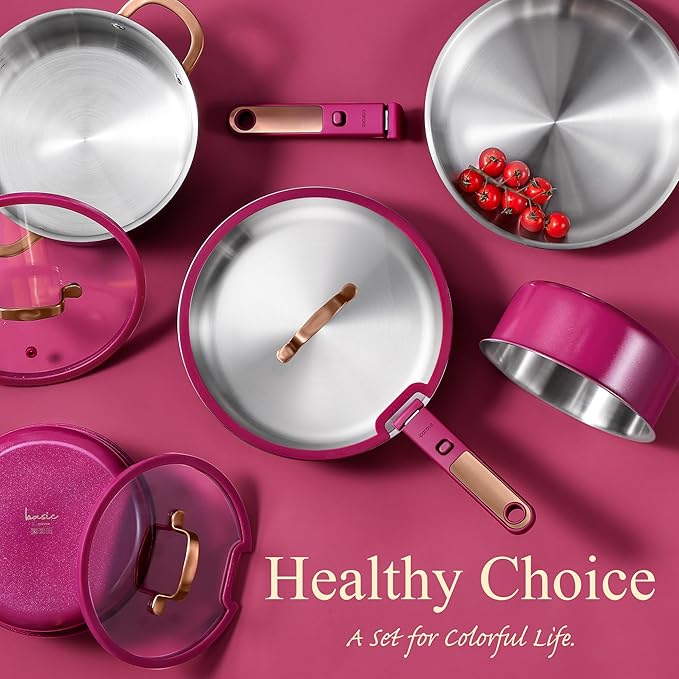 CAROTE 19pcs Tri-Ply Stainless Steel Cookware Set with Detachable Handle, Pots and Pans Set, Induction Kitchen Cooking Sets, RV/Camping Cookware, Outer Ceramic Layer, Oven Safe, Violet Purple