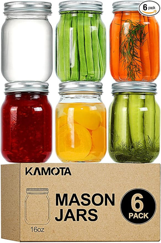 KAMOTA Mason Jars 16 OZ With Regular Lids and Bands, Ideal for Meal Prep, Jam, Honey, Wedding Favors, Shower Favors, Baby Foods, DIY Magnetic Spice Jars, 6 PACK, 10 Whiteboard Labels Included