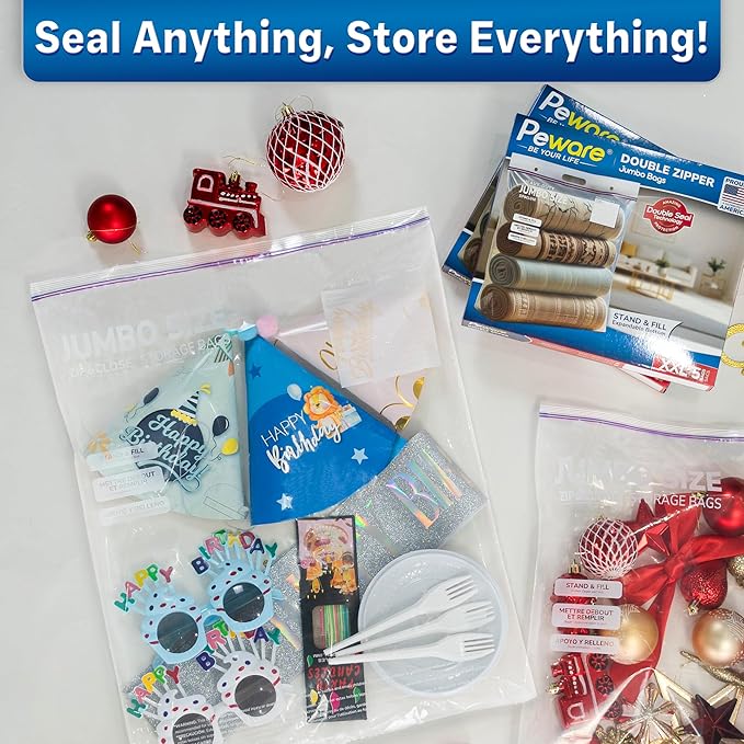 Large Storage Bags, 16"x20" Jumbo Plastic Bag, BPA Free, 3.5 Gallon XL Zipper Lock Baggies for Clothes Pillow Travel Moving - 50 Roomy Bags