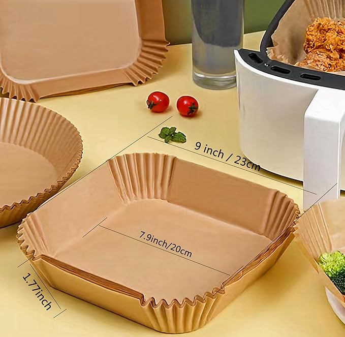 Air Fryer Disposable Paper Liner, 7.9in to 9.4inch Baking Parchment Paper Air fryer liners,100 PCS square Waterproof Oil-Proof High Temperature Cooking Non-Stick Liner for Ovens,Microwave