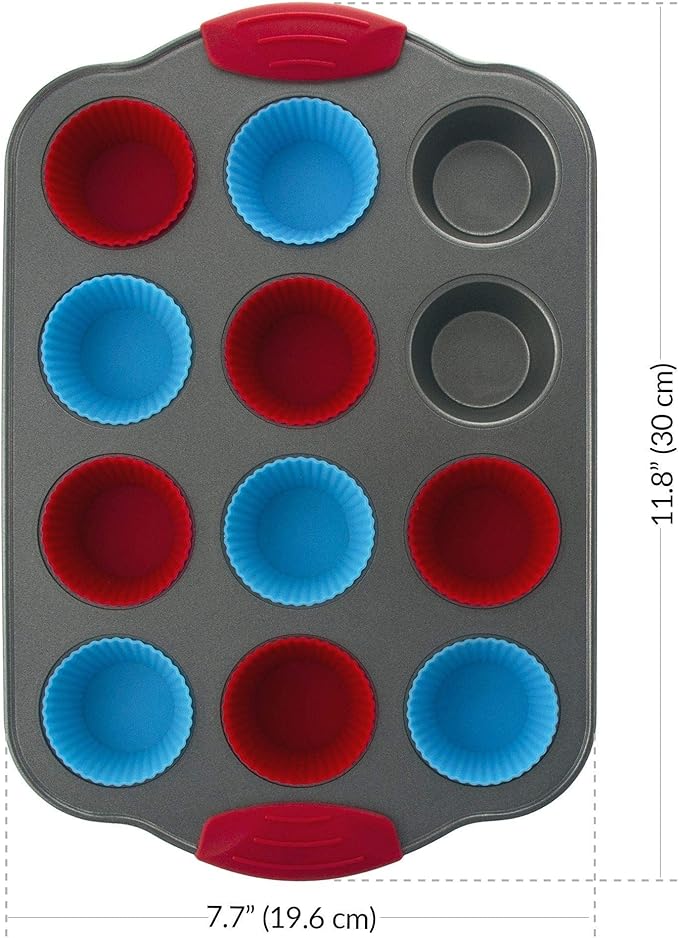 Boxiki Kitchen 12 Cup Mini Muffin Pan with Silicone Muffin Liners. Professional Cupcake Pan for Baking Muffin Mold, Mini Muffin Tin Non-Stick Steel Bakeware