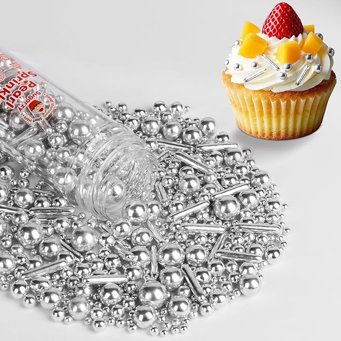 Silver Pearl Sprinkles,Edible Rods Pearl Sprinkles Mix Size,130g/4.58oz,Baking Edible Cake Decorations,Cupcake Toppers,Cookie Decorating Donuts Ice Cream,Holiday,Birthday Wedding Party,Valentines Christmas Supplies