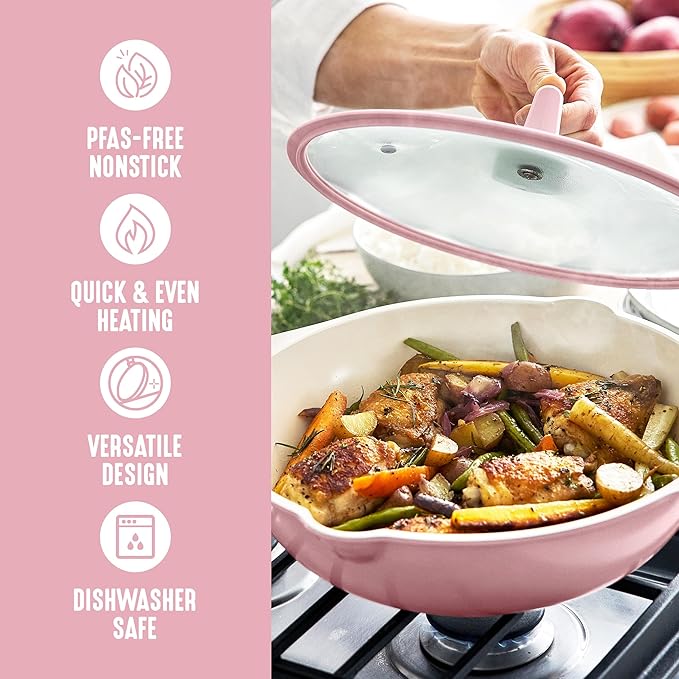 GreenLife Nonstick 12” (5QT) All in One Deep Skillet Wok with Lid, PFAS-Free Non-Toxic Ceramic Multi-Purpose Pan, Induction, All Stovetop, Egg, Stir Fry, Saute, Stay Cool Handle, Pink