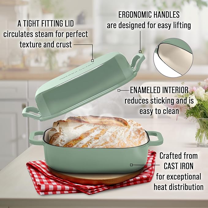 Signature Enameled Cast Iron Sourdough Bread Oven | Non-Stick with Tight Fitting Lid for Perfect Baking and Bread Making | 6QT Rectangle Oven With Lid [Sage Green]