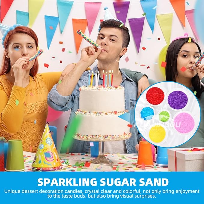 KASVAN Edible Sanding Sugar Sprinkles, 9.2oz Rainbow Sugar Sprinkles, 6 Colors Pink Blue Purple Yellow Green Red, Sparkling Crystals for Cake, Cupcakes, Cookies & Desserts