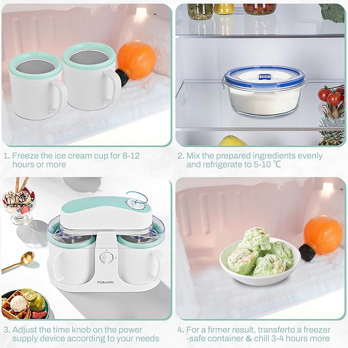 Pukomc Ice Cream Maker Machine for Home Use, with Two Ice Cream Bowls,Simple Operation and Easy to Clean,White Green