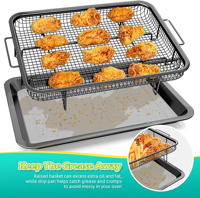 Air Fryer Basket, OPENICE 2 Set Air Fryer Pan and Crisper Tray for Oven, Non-stick Oven Air Fryer Basket for Baking and Crispy Foods - Black