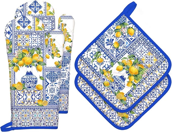 Yellow Lemon Oven Mitts and Pot Holders Sets 4Pcs, 100% Cotton Heat Resistant, Extra Long Oven Gloves Potholder for Kitchen Cooking Baking Decoration