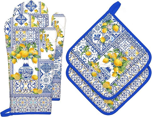 Yellow Lemon Oven Mitts and Pot Holders Sets 4Pcs, 100% Cotton Heat Resistant, Extra Long Oven Gloves Potholder for Kitchen Cooking Baking Decoration
