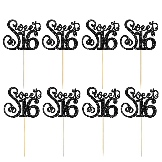 Gyufise 24 Pack 16th Birthday Cupcake Toppers Glitter Sixteen Happy Sweet 16 Cupcake Picks Cheers to 16 Years Old Cupcake Decorations for 16th Birthday Anniversary Party Cake Decorations Black