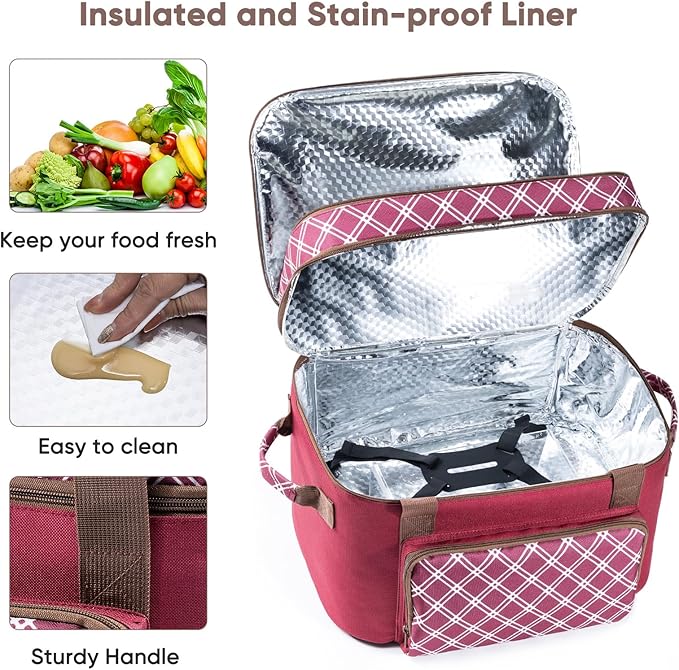 Double Layer Slow Cooker Carrier Bag – Fits 6–8 Qt Oval Slow Cooker Compatible with CrockPot & Hamilton Beach | Insulated Travel Tote with Utensil Storage & Adjustable Straps