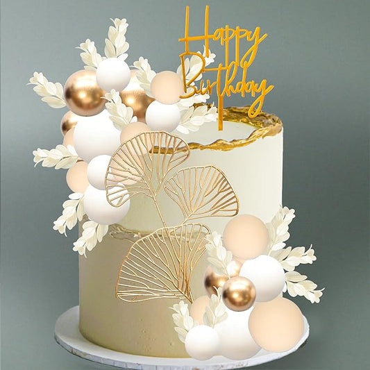 Gyufise 57Pcs Khaki Balls Cake Topper Boho Grass Cake topper Pearl Balls Acrylic Happy Birthday Cake Decorations for Wedding Baby Shower Birthday Boho Themed Party Supplies Khaki White Gold