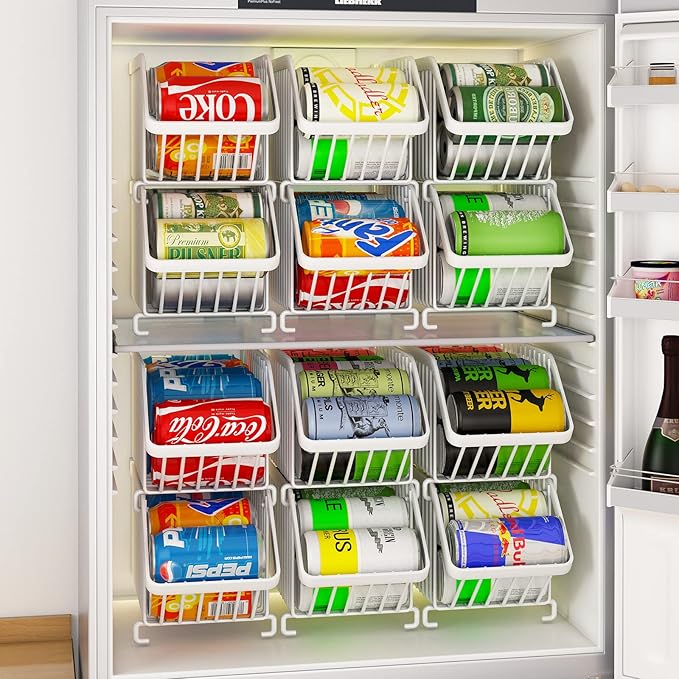 GILLAS 6 Pack Stackable Soda Can Organizer for Refrigerator, Can Holder Dispenser, Canned Food Storage Rack for Fridge, Kitchen, Countertops, Cabinets, White