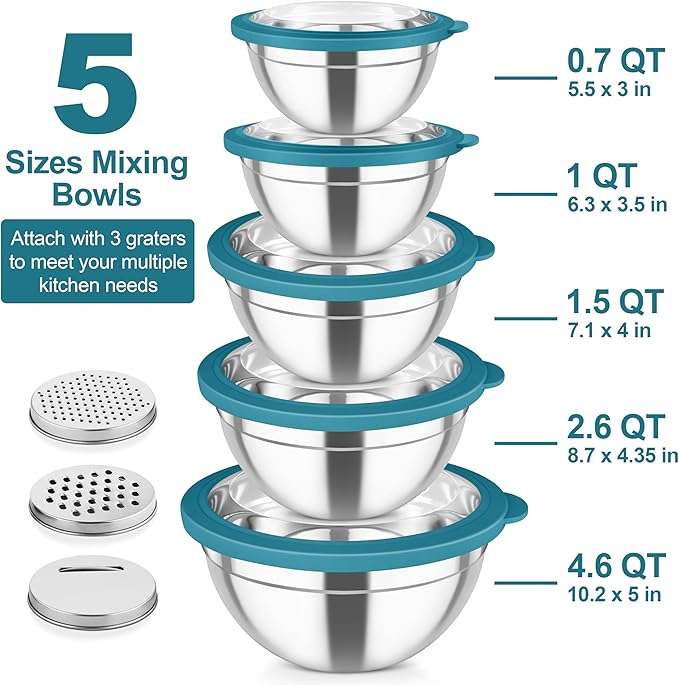 TeamFar Mixing Bowls, Stainless Steel Salad Serving Bowl with Clear Lids & 3 Graters, For Kitchen Cooking Prepping Storing, Size 4.6/2.6/1.5/1/0.7 QT, Nesting & Airtight, Set of 5 & Blue