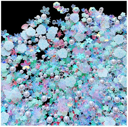 Sequins Holographic Polymer Clay Slices Nail Glitter 3D Holographic Snowflake Shell Butterfly Plum Blossom Nail Sequins Slices Polymer Clay Nail Decals for DIY Nail Decoration (Blue-53)