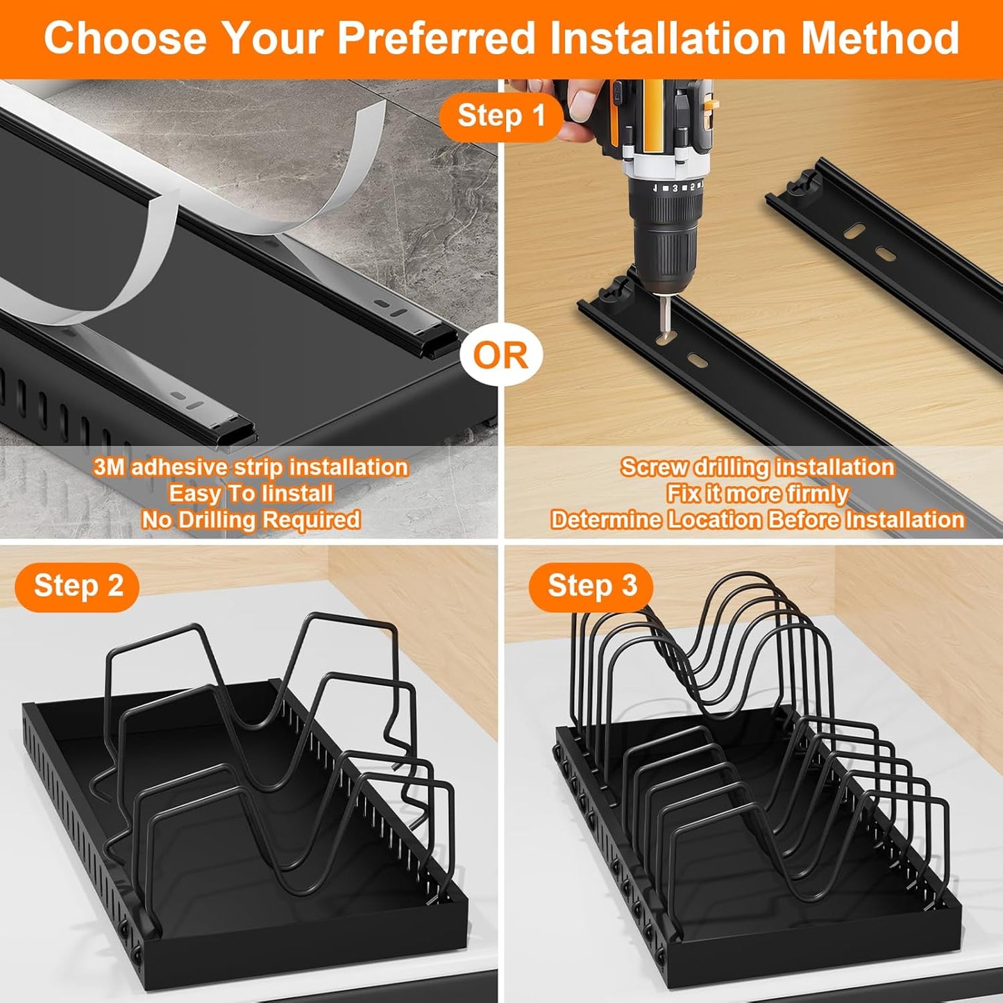 Pots and Pans Organizer for under Cabinet Pull Out Cabinet Organizer Sliding Pot and Pan Organizer in Kitchen, Cabinet Pull Out Shelves, for Pots, Lids and Pan Organizer with Two Types of Shelves