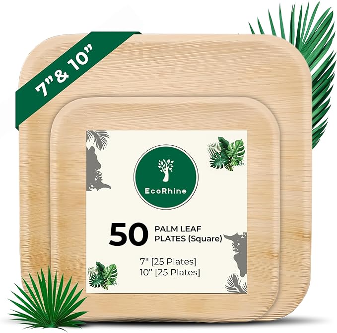Palm Leaf Disposable Plates - Bamboo Plates Disposable 7" &10" Inch Square (25pc 7" & 25pc 10") - 100% Compostable & Biodegradable Plates - Heavy-Duty, Party Dinnerware Set - Microwave & Oven